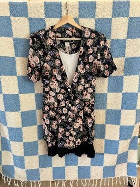 90s Black Floral Button-Front Women's mini dress with lining